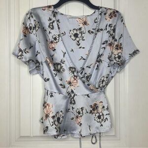 Floral Wrap Top - Gray and Pink